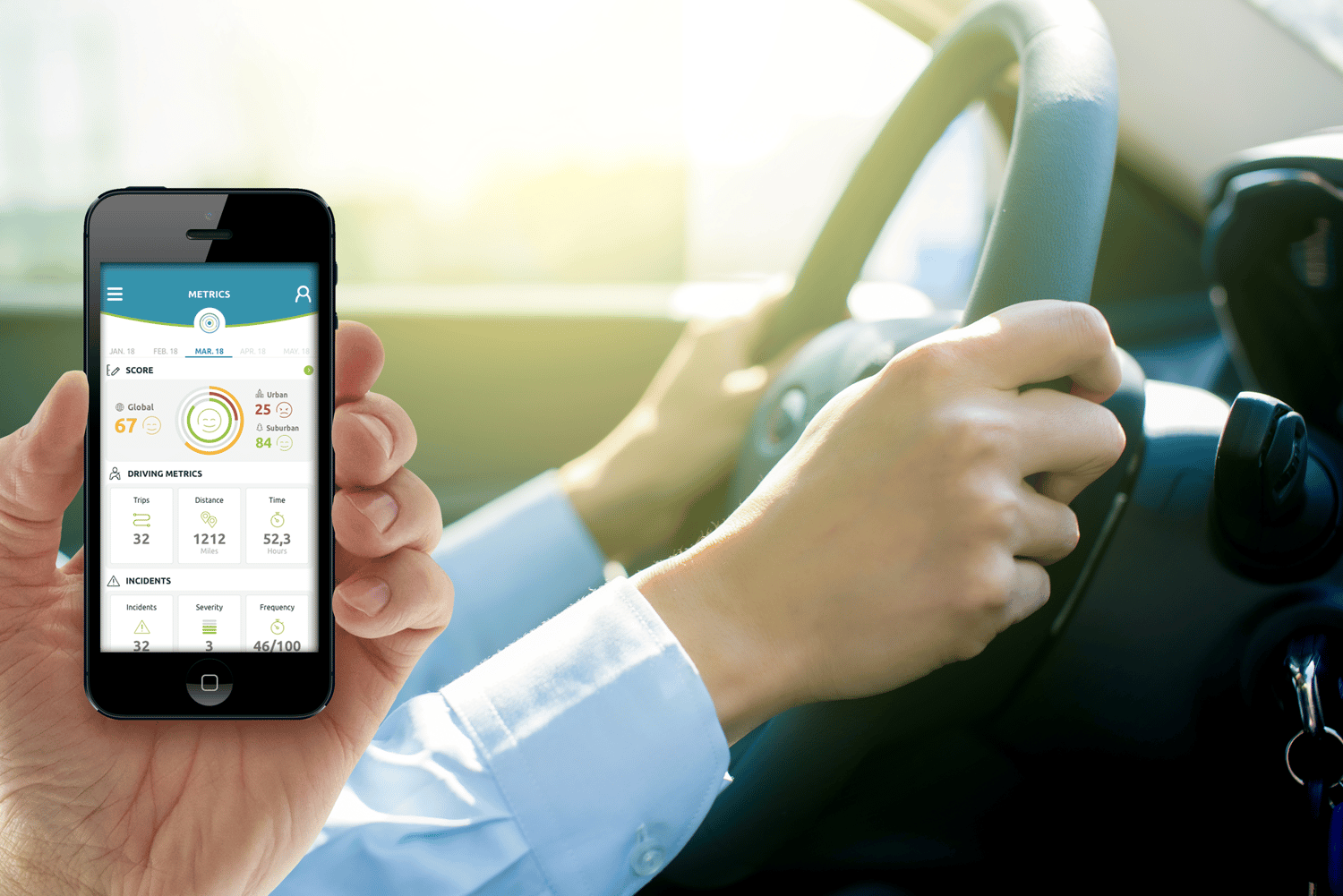 Hand holding mobile phone with driver