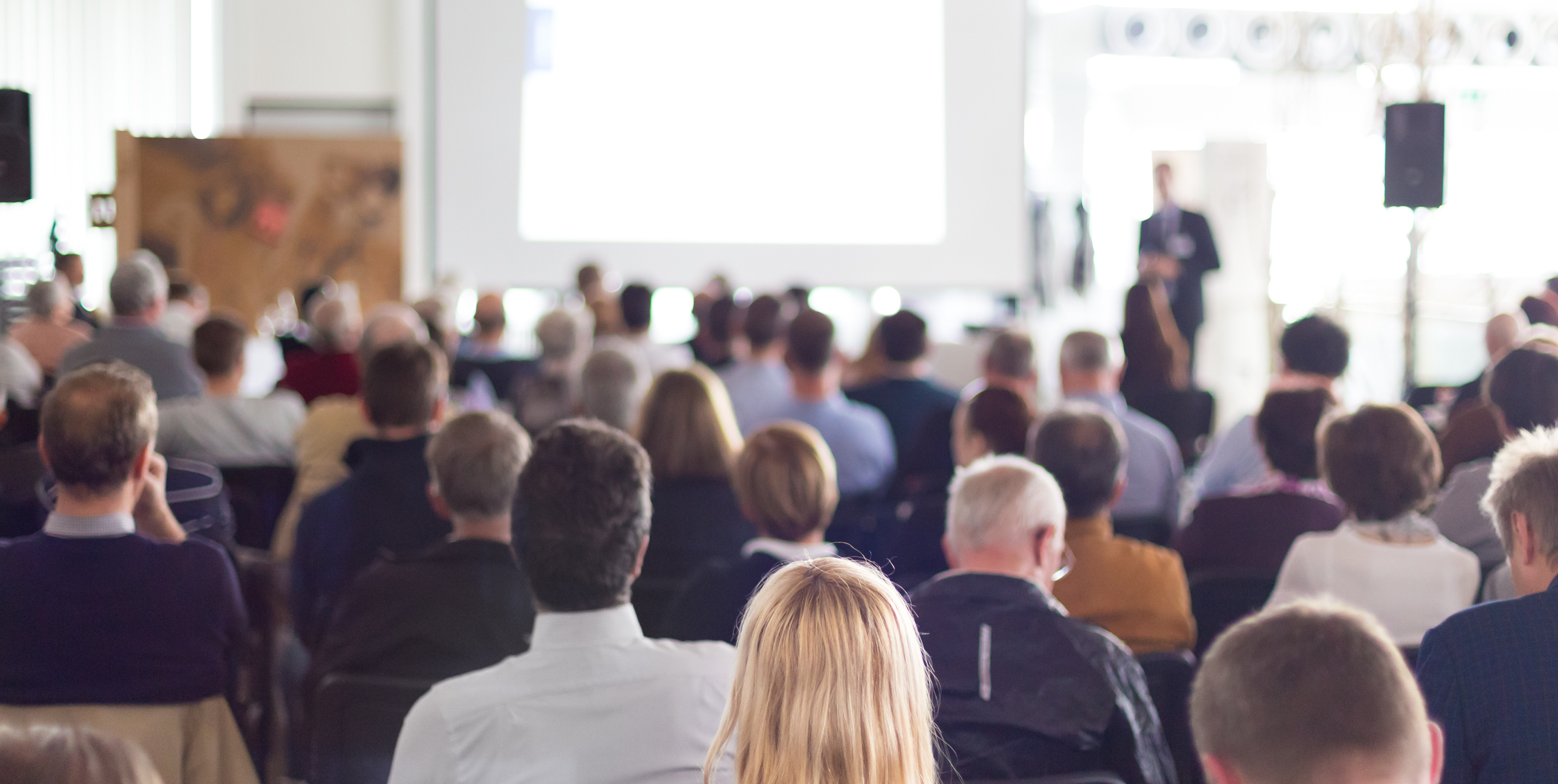 crowd of people attending a presentation