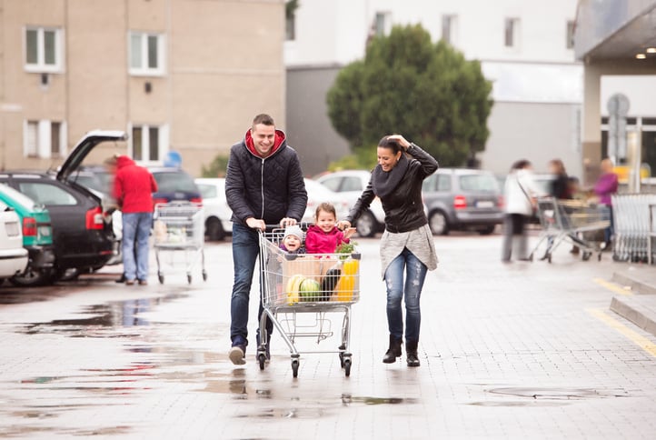 Family walking through parking lot